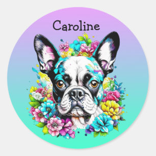Sticker Rond Boston Terrier entouré de fleurs Personnalisé