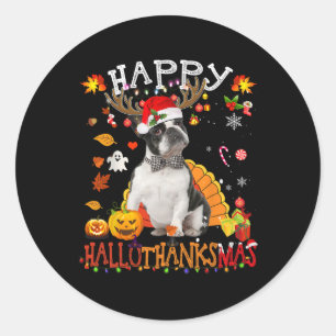 Sticker Rond Boston Terrier Halloween Chien de Noël Happy Hallo