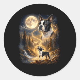 Sticker Rond Boston Terrier Hurle À La Lune Rétro