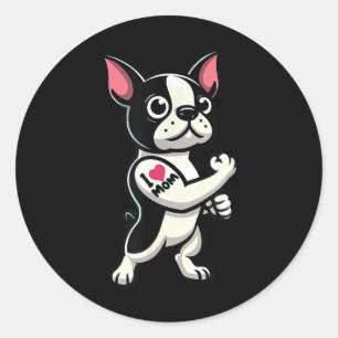 Sticker Rond Boston Terrier I Love Maman Funny Chien Tattoo
