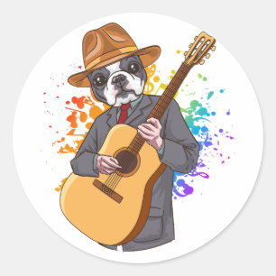 Sticker Rond Boston Terrier Jouer Guitare Acoustique