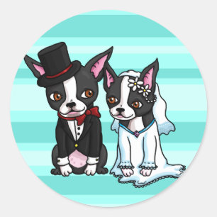 Sticker Rond Boston Terrier mariée et mariée
