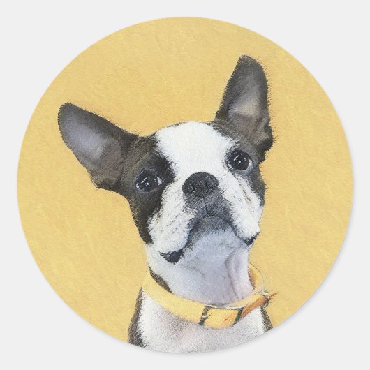Sticker Rond Boston Terrier Peinture - Cute Original Chien Art (Devant)