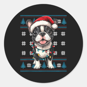 Sticker Rond Boston Terrier Père Noël Xmas Lumières arbre Bosti