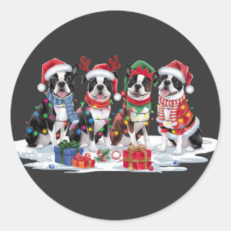 Sticker Rond Boston Terrier Santa chapeau bois elfes Noël
