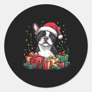 Sticker Rond Boston Terrier Santa Hat Funny Christmas Bostie Do