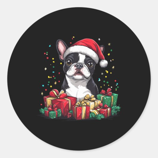 Sticker Rond Boston Terrier Santa Hat Funny Christmas Bostie Do (Devant)