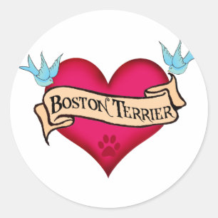Sticker Rond Boston Terrier Tattoo Heart