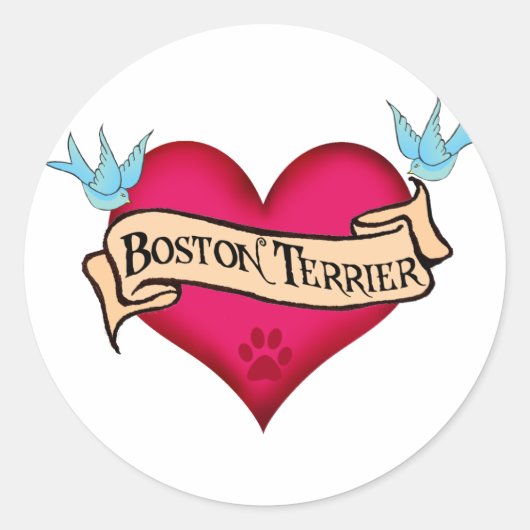 Sticker Rond Boston Terrier Tattoo Heart (Devant)