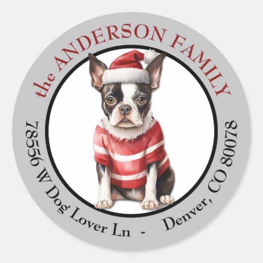 Sticker Rond Boston Terrier Winter Sweater Return Address (Devant)