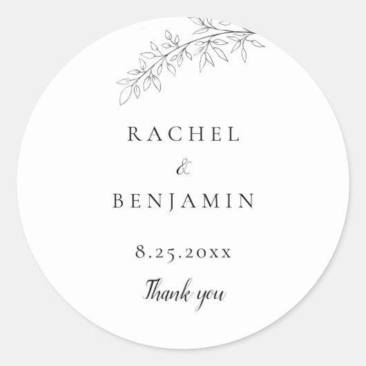 Sticker Rond Botanical Minimalist Wedding Thank you Black White (Devant)