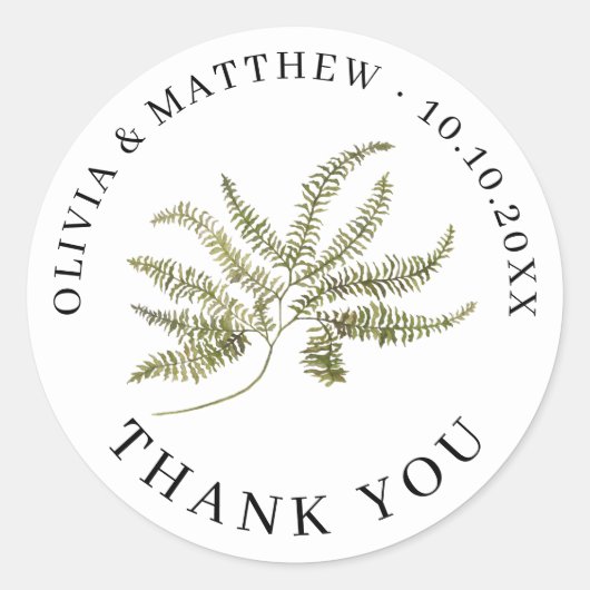 Sticker Rond Botanical Wedding Thank You | Minimalist Fern (Devant)