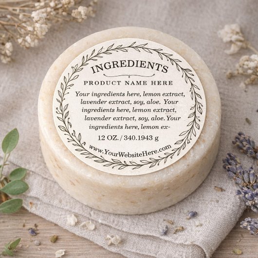 Sticker Rond Botanical Wreath Ingredients Product Label