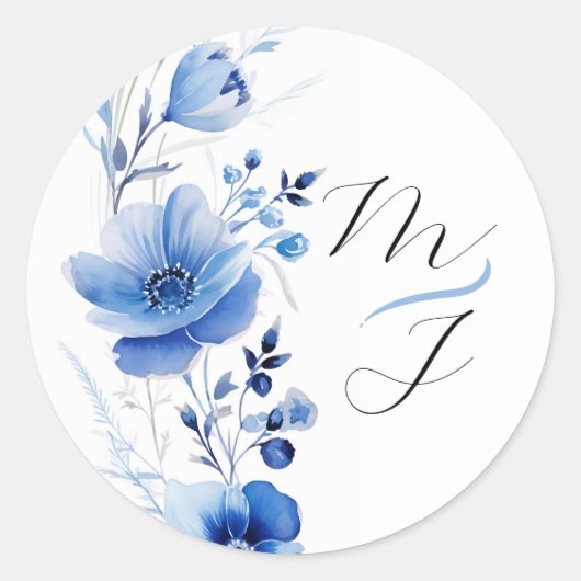 Sticker Rond Botanique aquarelle florale bleue (Devant)