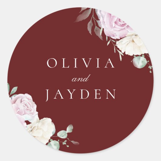 Sticker Rond Botanique Blanc & Blush Floral Bourgogne Mariage (Devant)