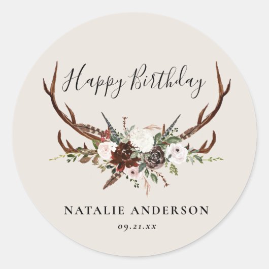 Sticker Rond botanique florale rustique anniversaire personnali (Devant)