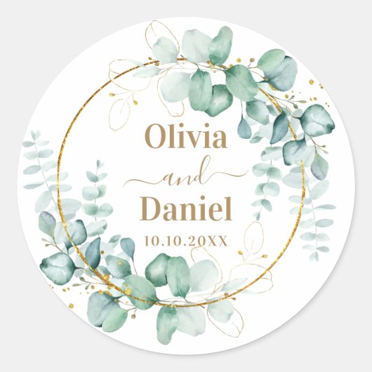 Sticker Rond Botanique Or Vert Personnaliser Pour Mariage (Devant)