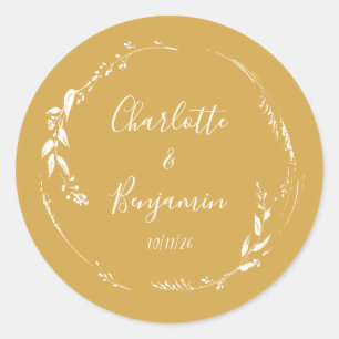 Sticker Rond Botanique Personnalisé Mariage de script Noms Jaun
