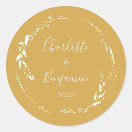 Sticker Rond Botanique Personnalisé Mariage de script Noms Jaun (Devant)