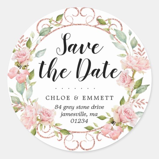 Sticker Rond Botanique rose Enregistrer la date Retourner les é (Devant)