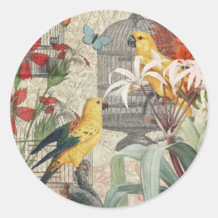 Sticker Rond Botanique Vintage Oiseaux Nature Tropical Antique 