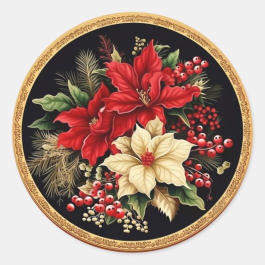 Sticker Rond Botaniques de Noël rouges et vertes opulentes (Devant)