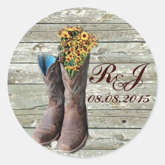 Sticker Rond bottes de cowboy mariage campagnard occidental mer (Devant)