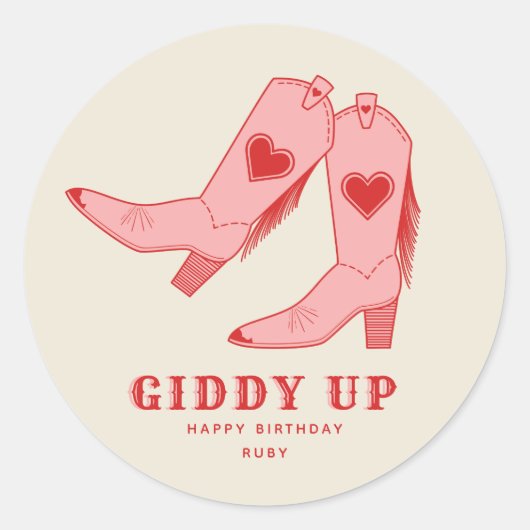 Sticker Rond Bottes de Cowgirl Rose Fête d'Anniversaire Giddy U (Devant)