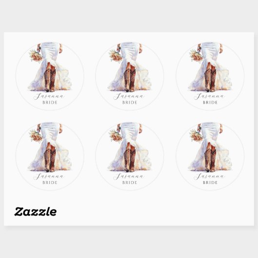 Sticker Rond Bottes de mariée Cowgirl Robe de Mariée (Feuille)