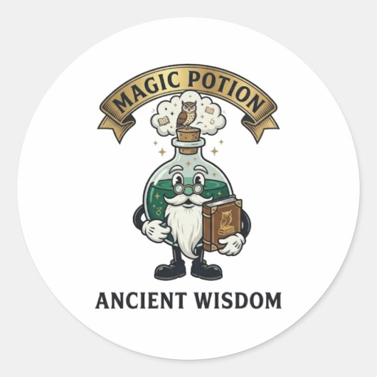 Sticker Rond Botto Ancient Wisdom Wizard Magic Potion Owl Retro (Devant)