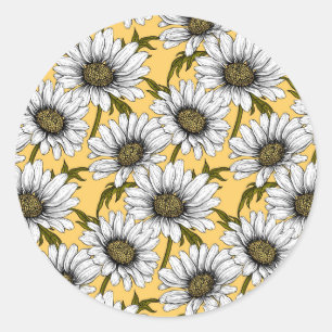 Sticker Rond Bouches blanches, fleurs sauvages sur jaune