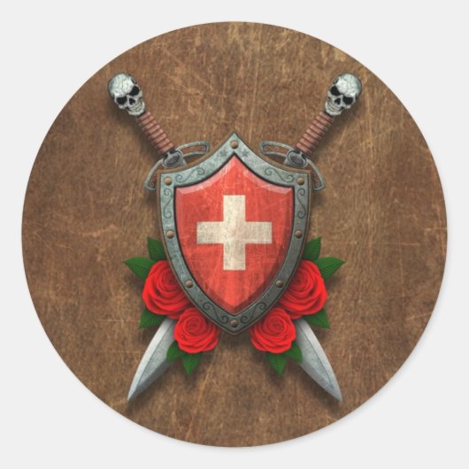 Sticker Rond Bouclier Drapeau Suisse Âgé et épées avec Roses (Devant)