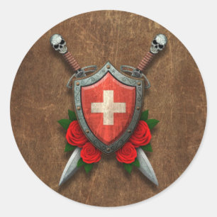 Sticker Rond Bouclier et épées suisses âgés de drapeau avec