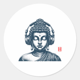 Sticker Rond Bouddha portant des écouteurs Vintage Rétro Gris ,