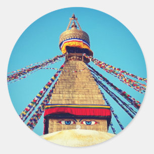 Sticker Rond Boudhanath Stupa, Buddha Eyes, Himalaya, Népal