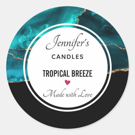Sticker Rond Bougie d'Agate Turquoise & Or Moderne (Devant)