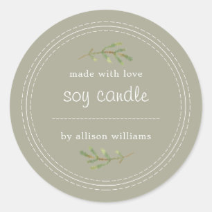 Sticker Rond Bougie De Soja Faite Maison Pine Sprig Écrire Gris