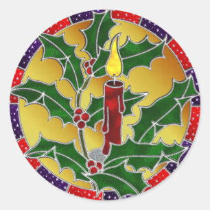 Sticker Rond Bougie et houx en verre souillé