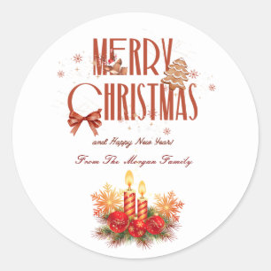 Sticker Rond Bougies de Noël Rouge Élégant Joyeux Noël