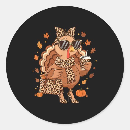 Sticker Rond Boujee Turkey Leopard Preppy Fall Thanksgiving Pum (Devant)