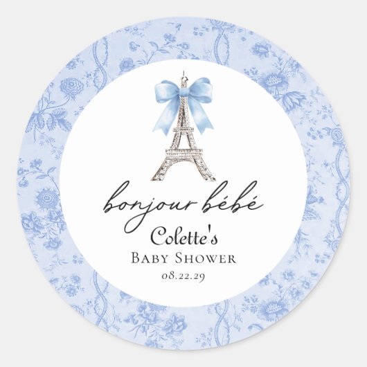 Sticker Rond Boujour Bebe Paris Toile Baby shower bleu (Devant)