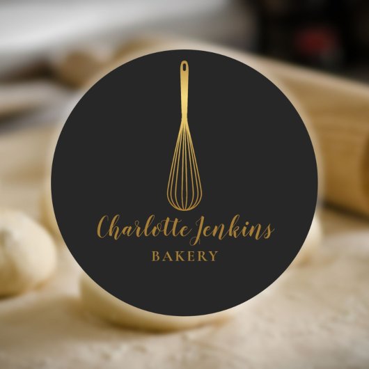 Sticker Rond Boulangerie Black Gold Whisk Patisserie Script
