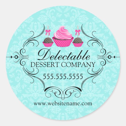 Sticker Rond Boulangerie Damask Aqua Pink Cupcake Cake Pops (Devant)