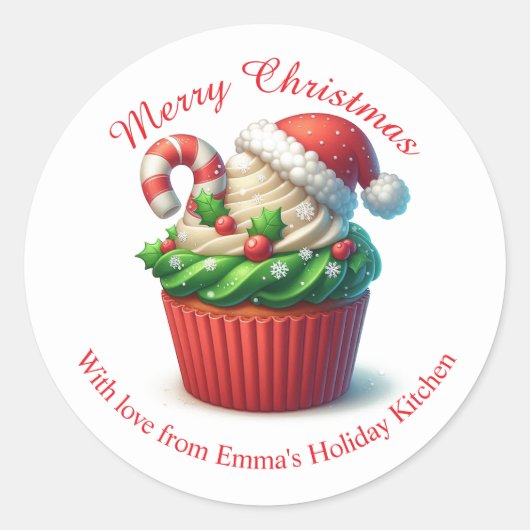 Sticker Rond Boulangerie de Noël Joyeux Cupcake Red Green Stick (Devant)