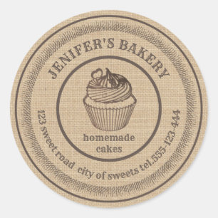 Sticker Rond Boulangerie en lin vintage Boulangerie en cupcakes
