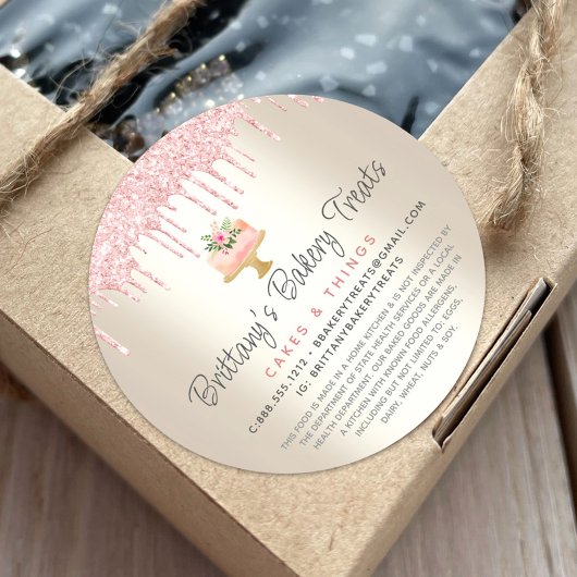 Sticker Rond Boulangerie Gâteau Blush Rose Parties scintillant