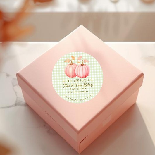 Sticker Rond Boulangerie Gingham Citrouille Rose d'Automne