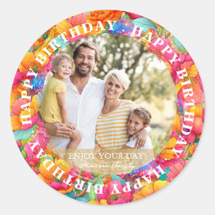 Sticker Rond Boule de Disco Florale Rose Joyeux Anniversaire Ph