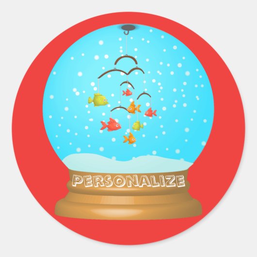Sticker Rond Boule de poisson neige globe mignon rouge bleu (Devant)