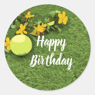 Sticker Rond Boule de tennis avec fleur jaune anniversaire